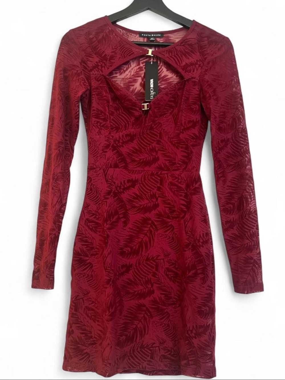 Fashion Nova Burgundy Long Sleeve Cutout Bodycon Dress